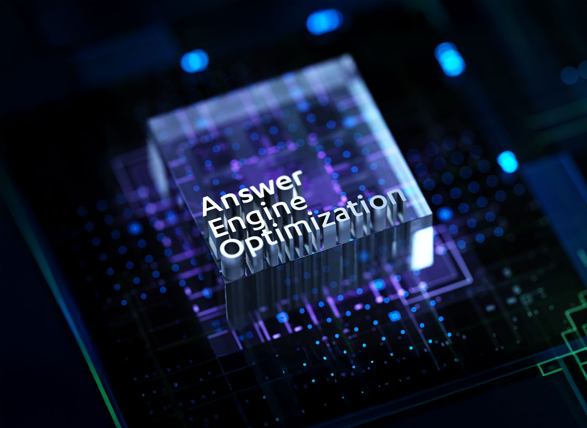 A translucent cube on a digital circuit background displays the text Answer Engine Optimization, suggesting innovation and technology focus.