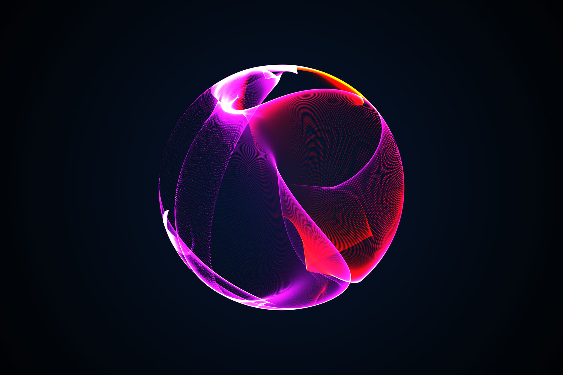 Abstract digital sphere with flowing pink, purple, and red light patterns against a dark background.