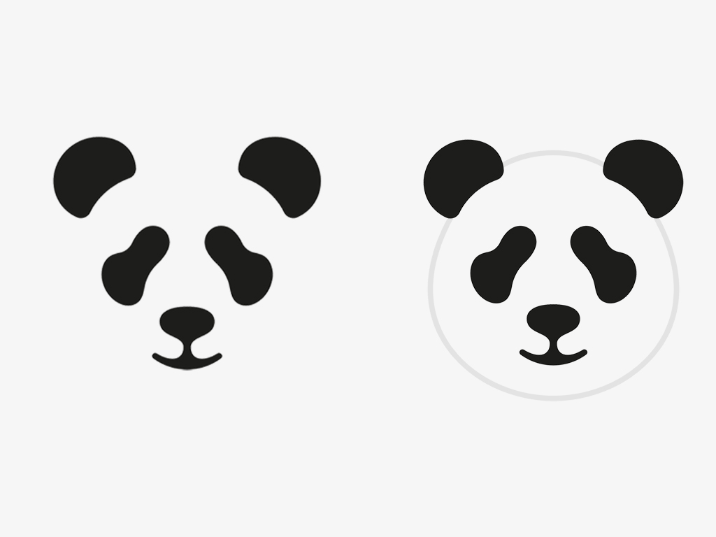 Two panda faces made from simple black shapes. One face is formed entirely by black shapes with no outline, while the other has a faint circular outline around the shapes. This illustrates the Gestalt principle of closure, where the mind fills in missing parts to complete a familiar image.