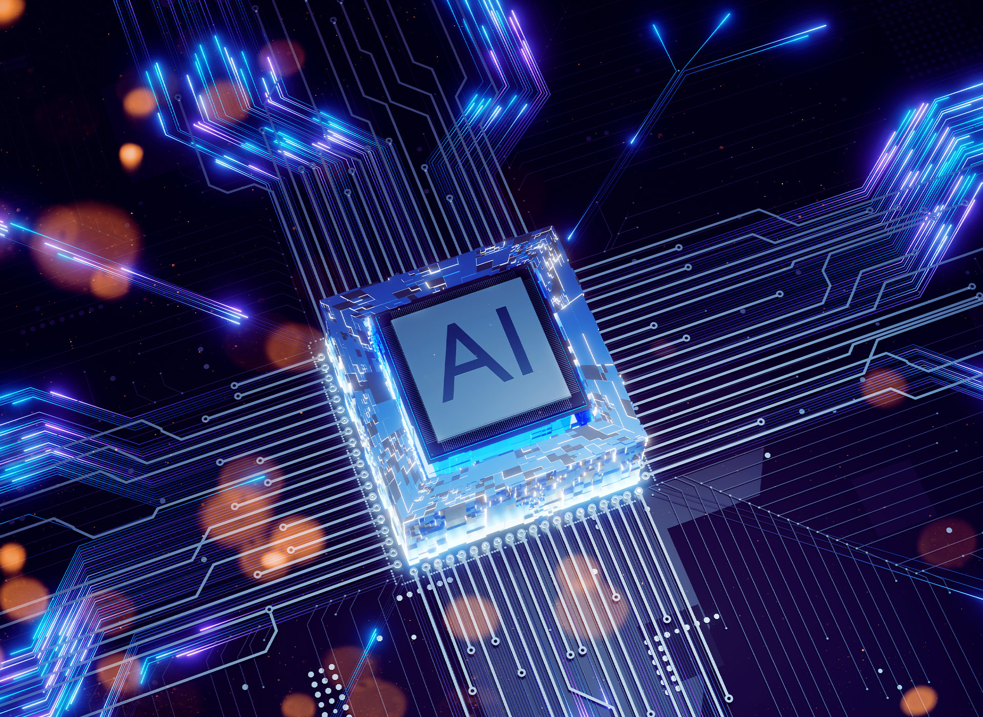 Blue microchip labeled AI in the center, with glowing circuit lines extending outward. Bright orange lights suggest energy and innovation.
