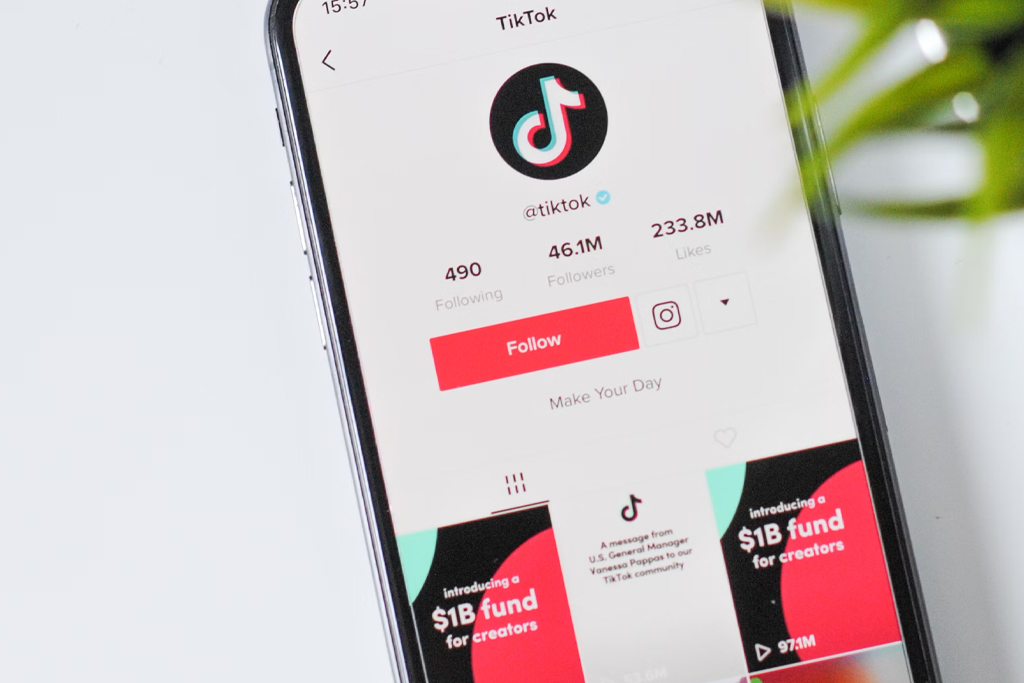 Close-up view of a smartphone screen showing the TikTok profile page with details of followers and video views.