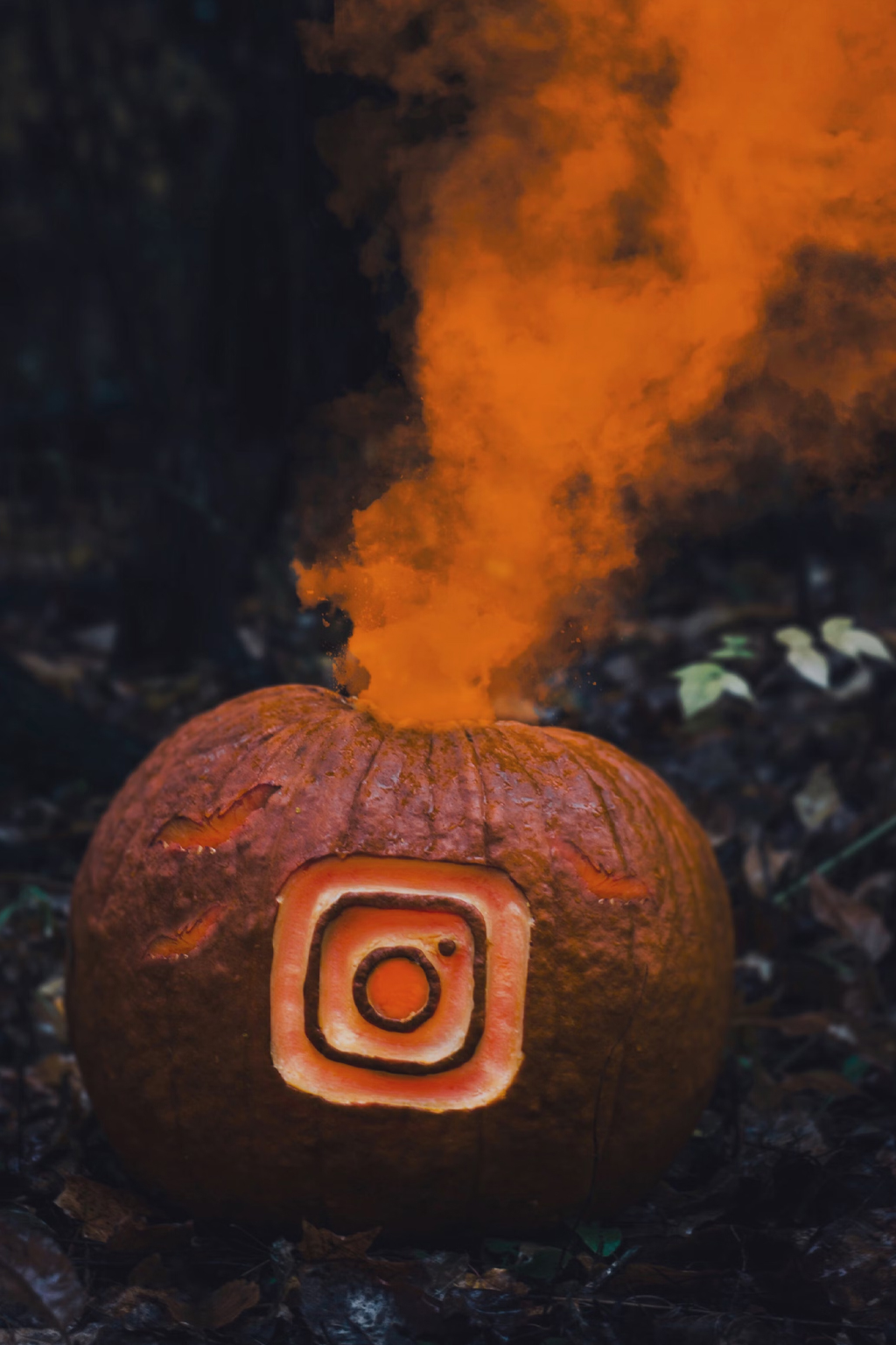 Halloween themed image showing a carved pumpkin with the Instagram logo and orange smoke emerging from it.