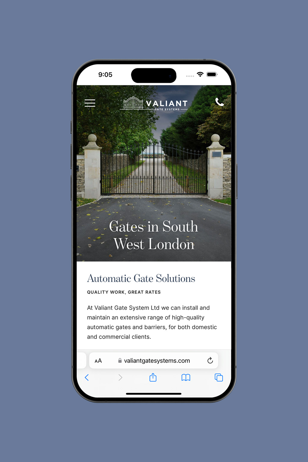 Smartphone displaying a gate system company's website with a picture of ornate iron gates at the entrance of a property.